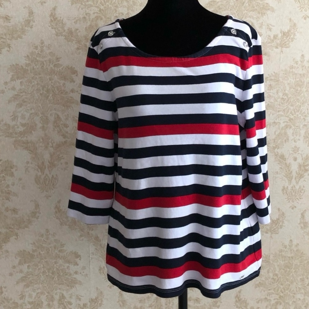 Tommy Hilfiger Women's Striped Top, Navy White, Red